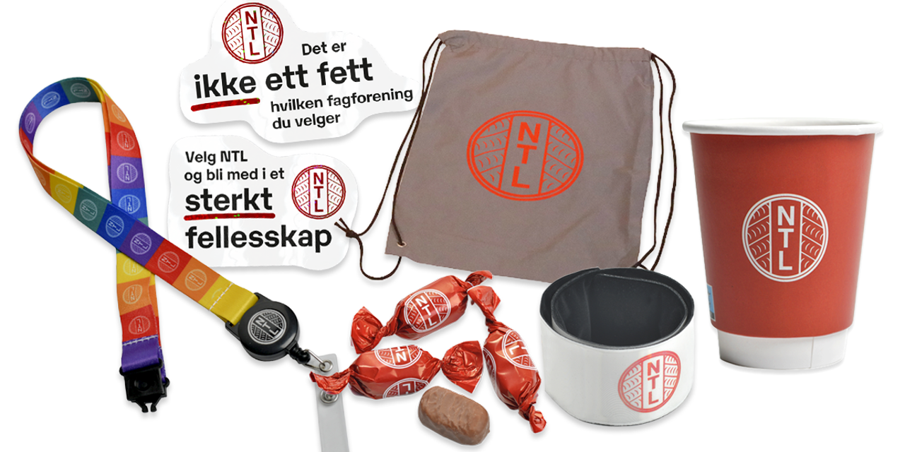 Diverse profilartikler fra NTL: nøkkelbånd, klistremerker, karameller, reflekt, pappkrus og tøypose.