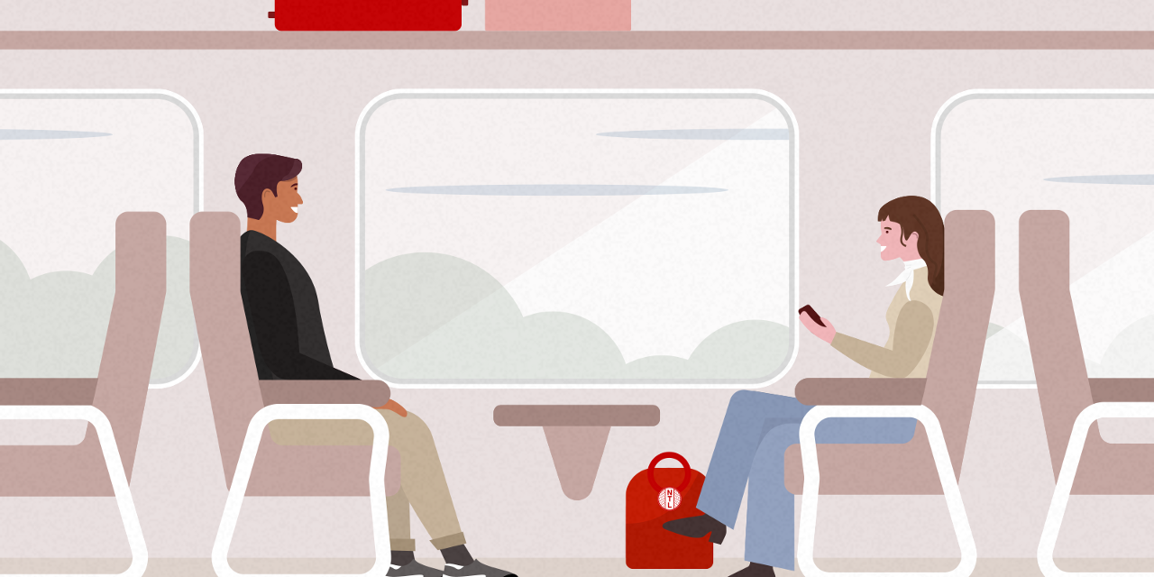 Illustrasjon av to personer som sitter på et tog.