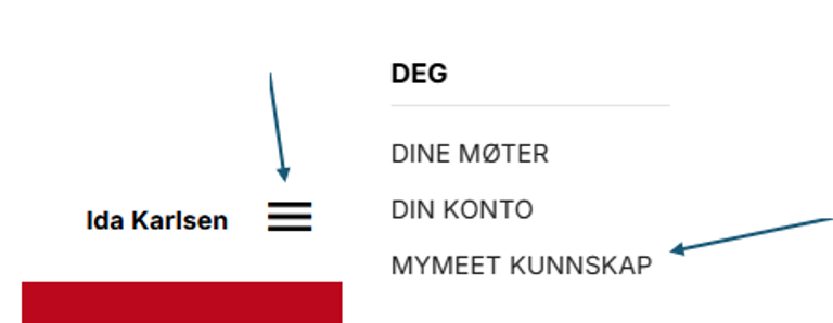 Ved siden av navnet ditt er det en meny (tre streker). Der finner du "MyMeet kunnskap".
