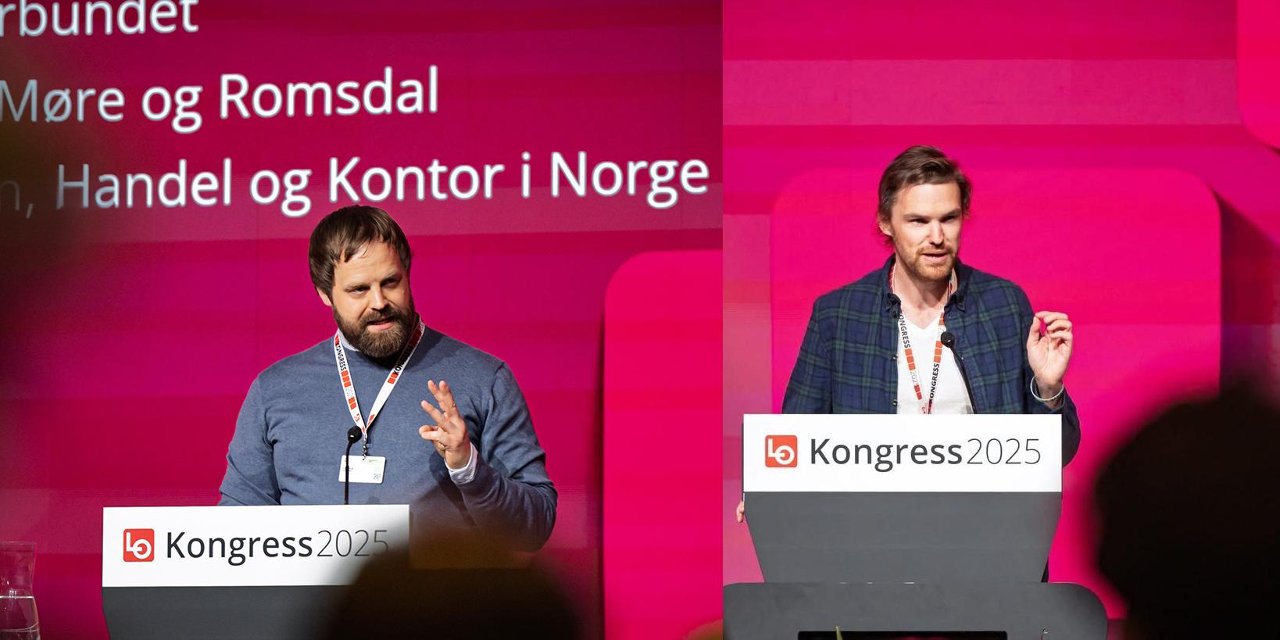 Torgeir Homme og Martin Kvalvik på talerstolen på LO Kongressen