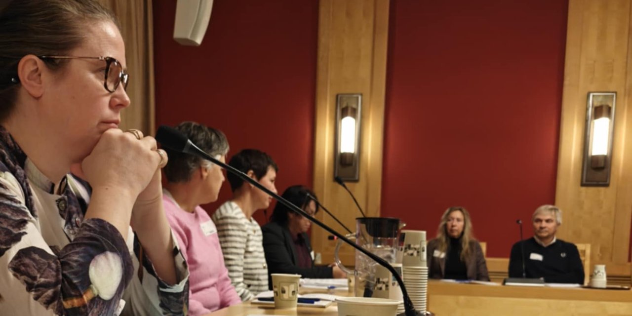 Vi deltar alltid på høringer i relevante komiteer, og i år har vi vært innom samtlige stortingskomiteer. I forgrunnen: forbundsleder Kjersti Barsok.