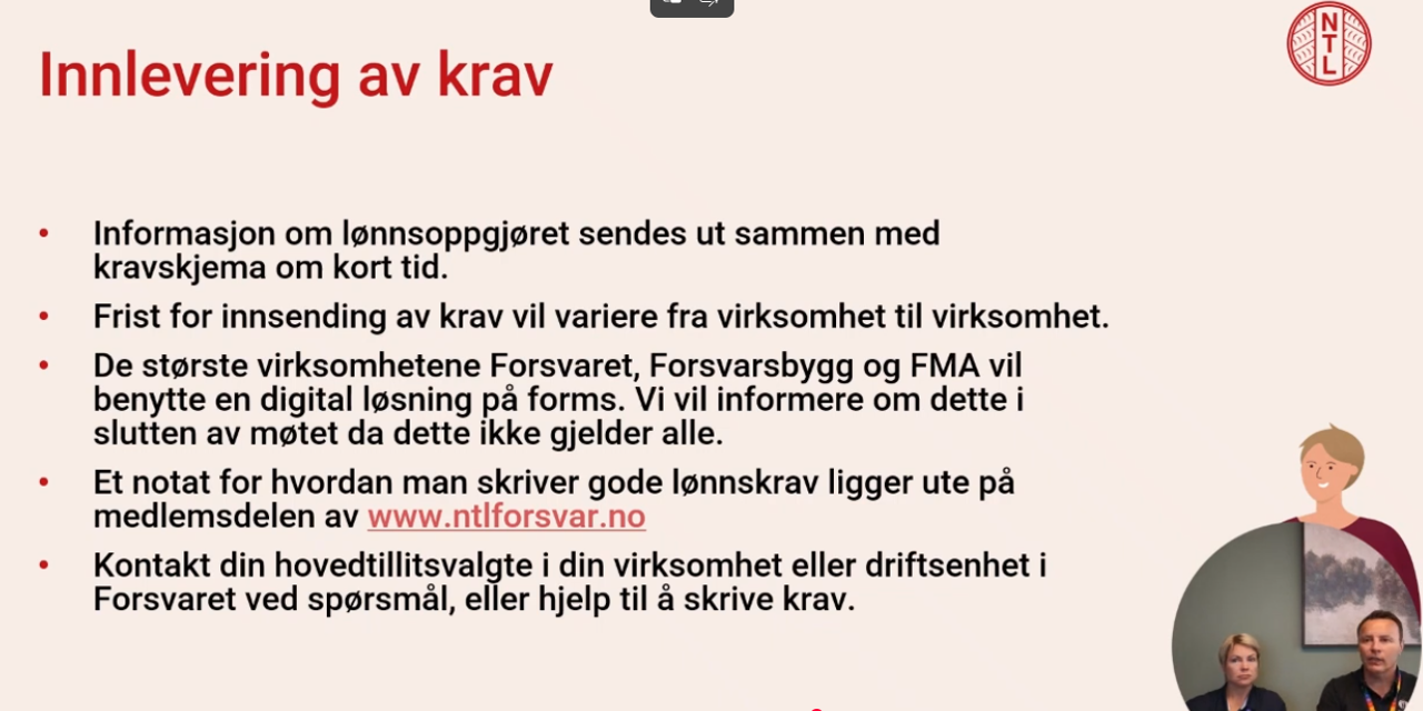Lysbilde med overskriften «Innlevering av krav» og punkter om hvordan lønnskrav leveres inn.